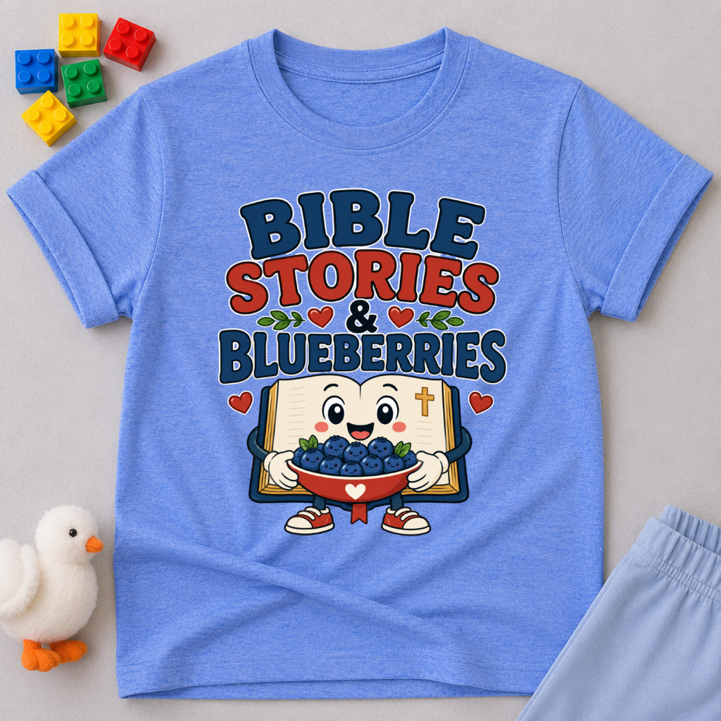 Bible Stories and Blueberries Christian kids shirt in blue featuring a smiling blueberry reading a Bible
