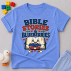 Bible Stories and Blueberries Christian kids shirt in blue featuring a smiling blueberry reading a Bible
