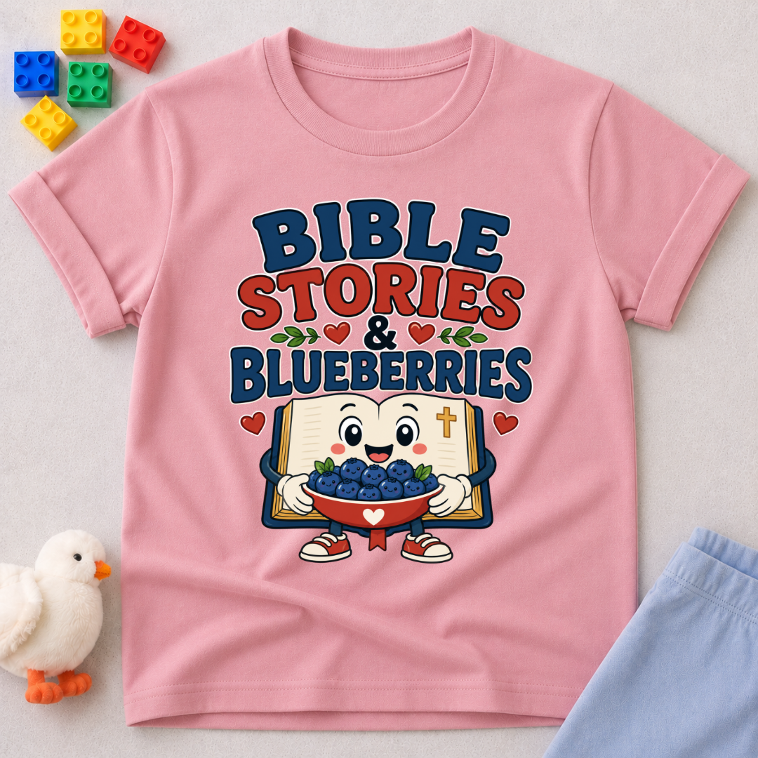 Bible Stories and Blueberries Christian kids shirt in gray featuring a smiling blueberry reading a Bible
