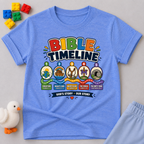 Bible Timeline for Kids Christian kids shirt in blue featuring an illustrated Bible history timeline

