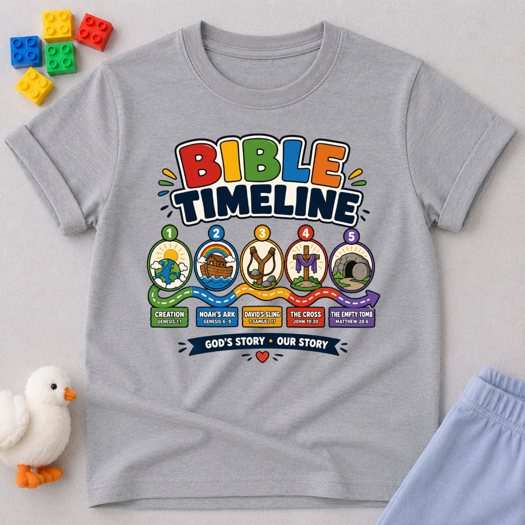 Bible Timeline for Kids Christian kids shirt in gray featuring an illustrated Bible history timeline

