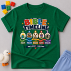 Bible Timeline for Kids Christian kids shirt in green featuring an illustrated Bible history timeline
