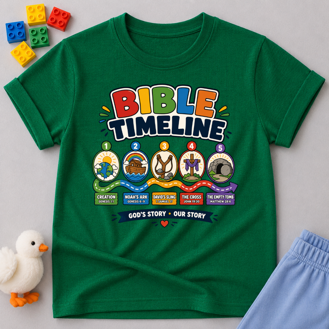 Bible Timeline for Kids Christian kids shirt in green featuring an illustrated Bible history timeline
