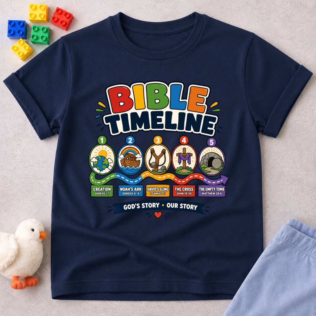 Bible Timeline for Kids Christian kids shirt in navy featuring an illustrated Bible history timeline
