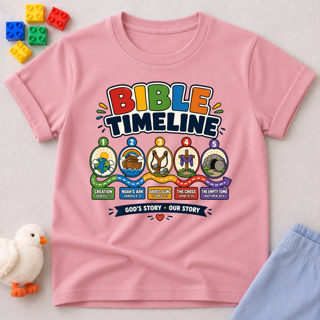 Bible Timeline for Kids Christian kids shirt in pink featuring an illustrated Bible history timeline
