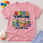 Bible Timeline for Kids Christian kids shirt in pink featuring an illustrated Bible history timeline
