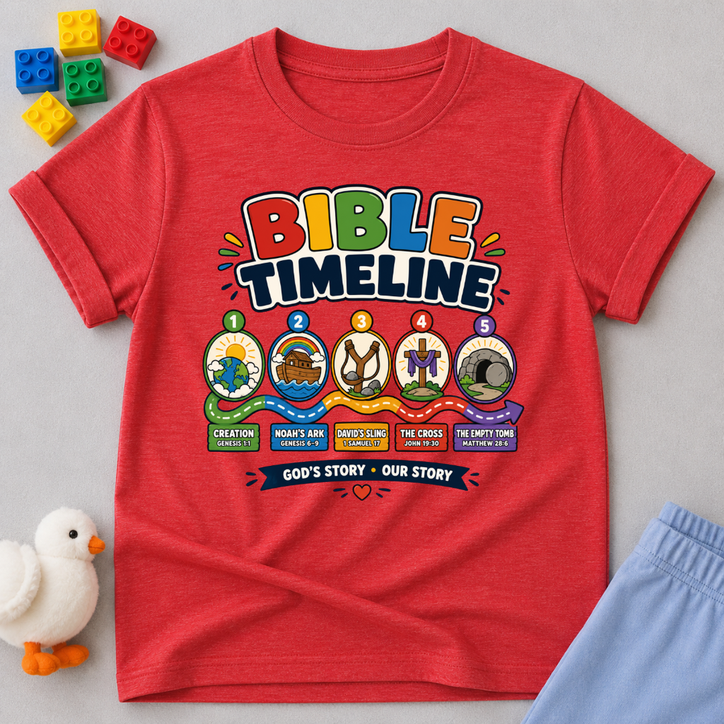 Bible Timeline for Kids Christian kids shirt in red featuring an illustrated Bible history timeline

