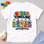 Bible Timeline for Kids Christian kids shirt in white featuring an illustrated Bible history timeline
