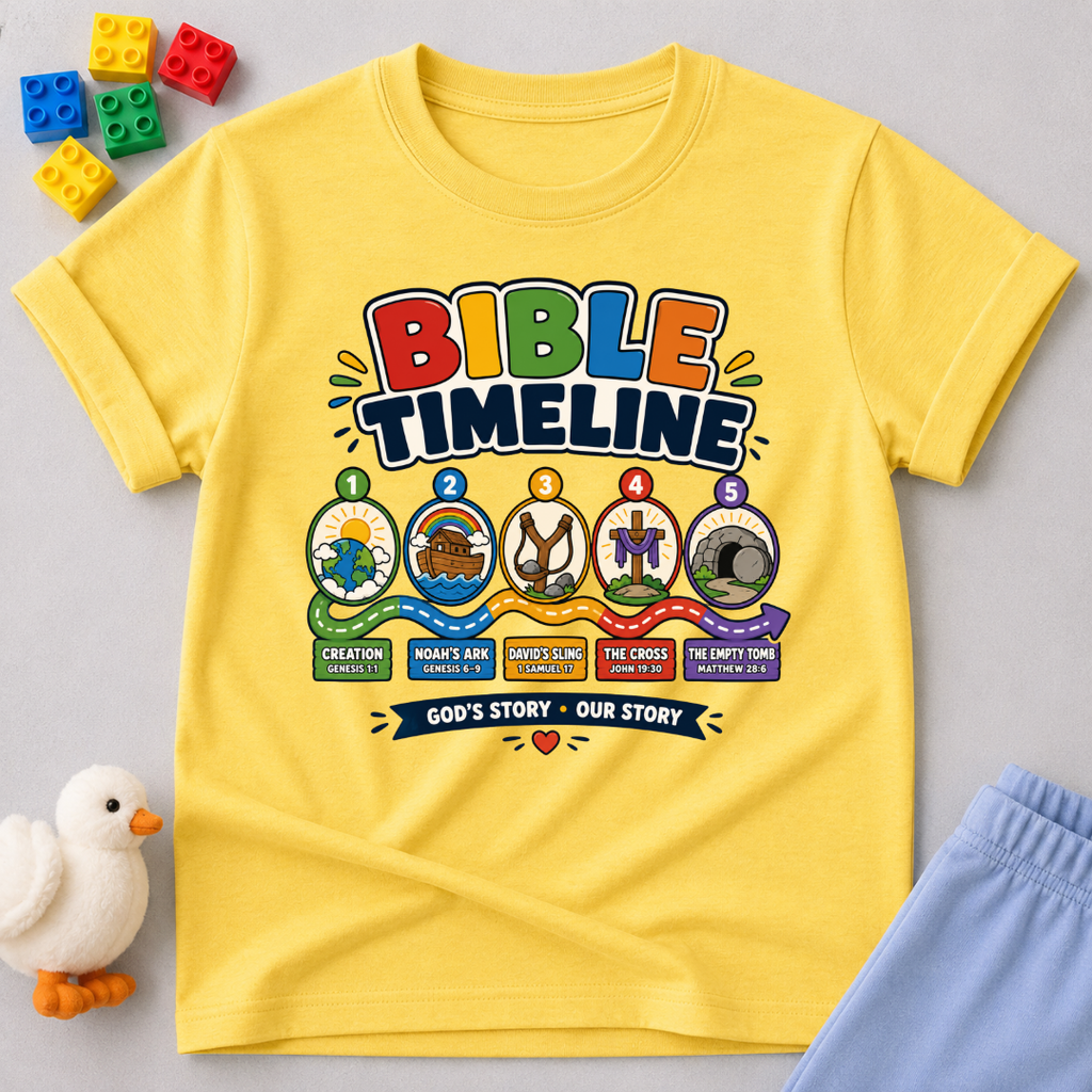 Bible Timeline for Kids Christian kids shirt in yellow featuring an illustrated Bible history timeline
