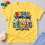 Bible Timeline for Kids Christian kids shirt in yellow featuring an illustrated Bible history timeline
