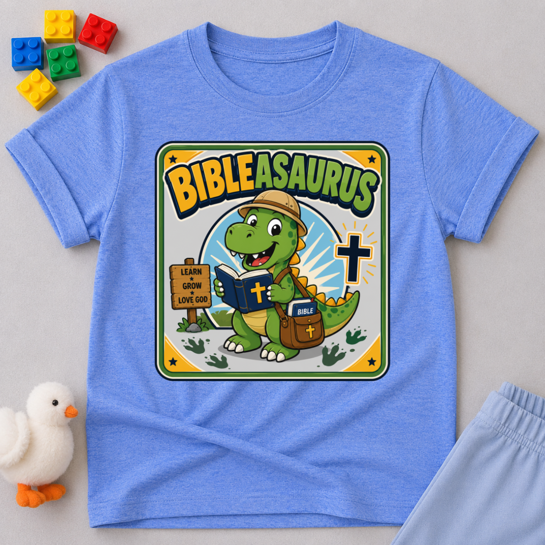 Bibleasaurus Dino Explorer Christian kids shirt in blue featuring a dinosaur holding a Bible and cross
