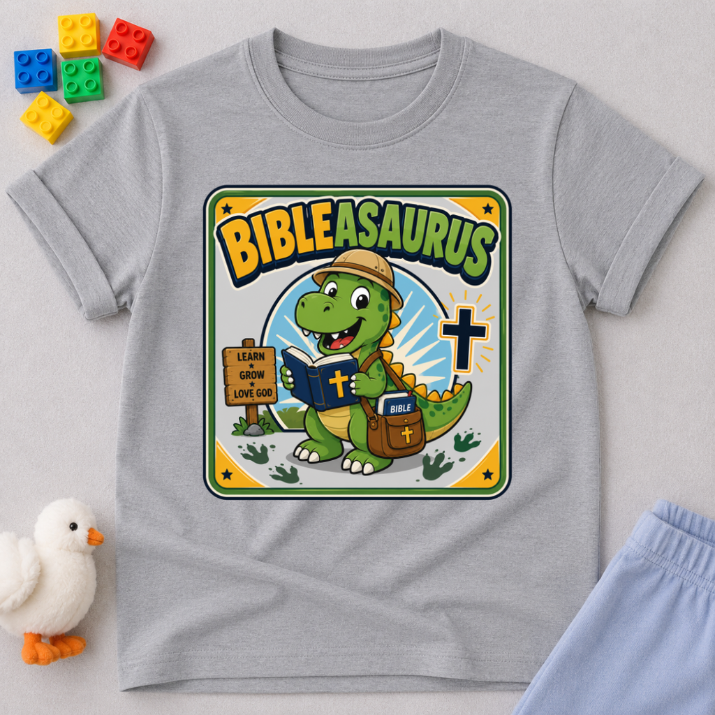Bibleasaurus Dino Explorer Christian kids shirt in gray featuring a dinosaur holding a Bible and cross
