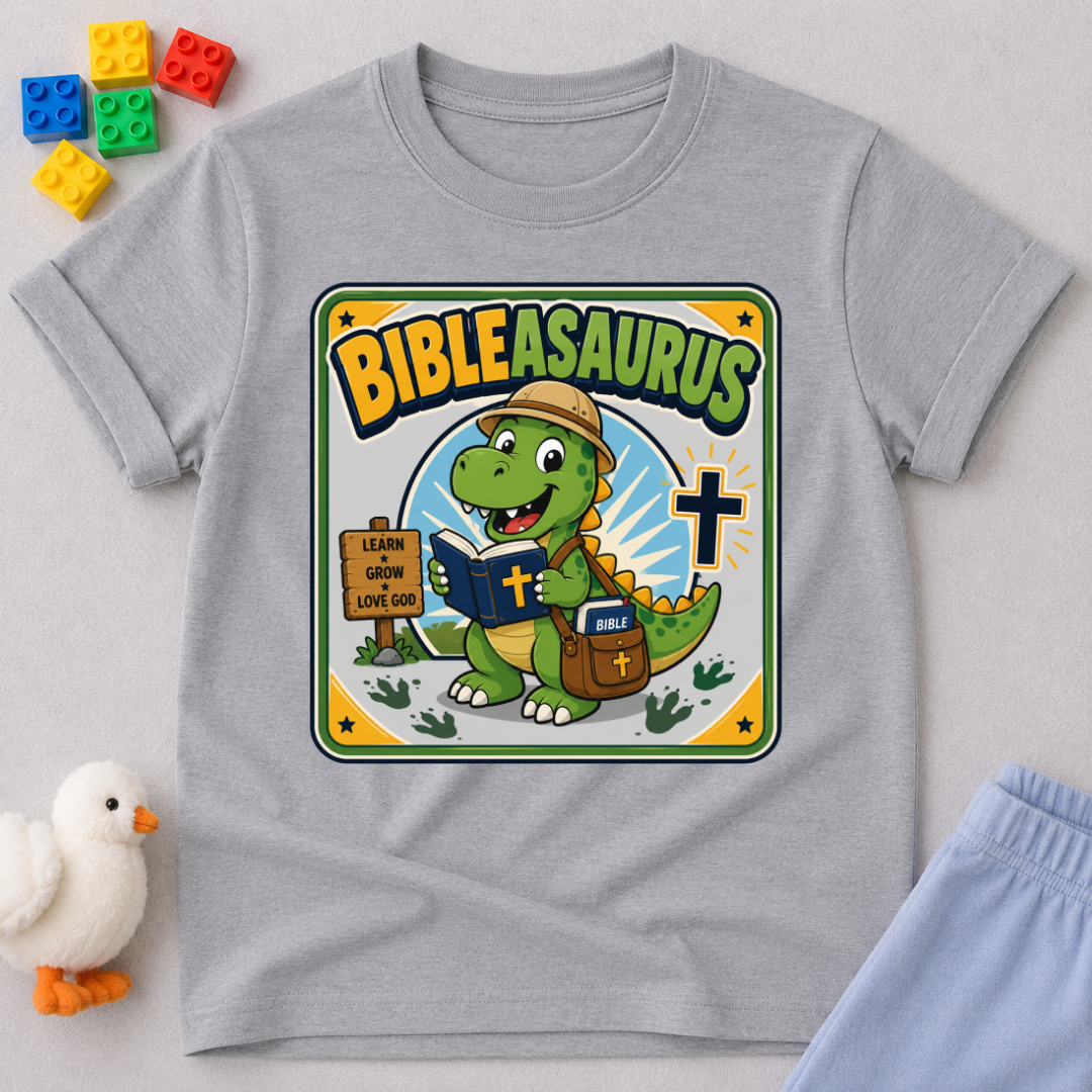 Bibleasaurus Dino Explorer Christian kids shirt in gray featuring a dinosaur holding a Bible and cross
