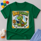 Bibleasaurus Dino Explorer Christian kids shirt in green featuring a dinosaur holding a Bible and cross

