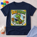 Bibleasaurus Dino Explorer Christian kids shirt in navy featuring a dinosaur holding a Bible and cross
