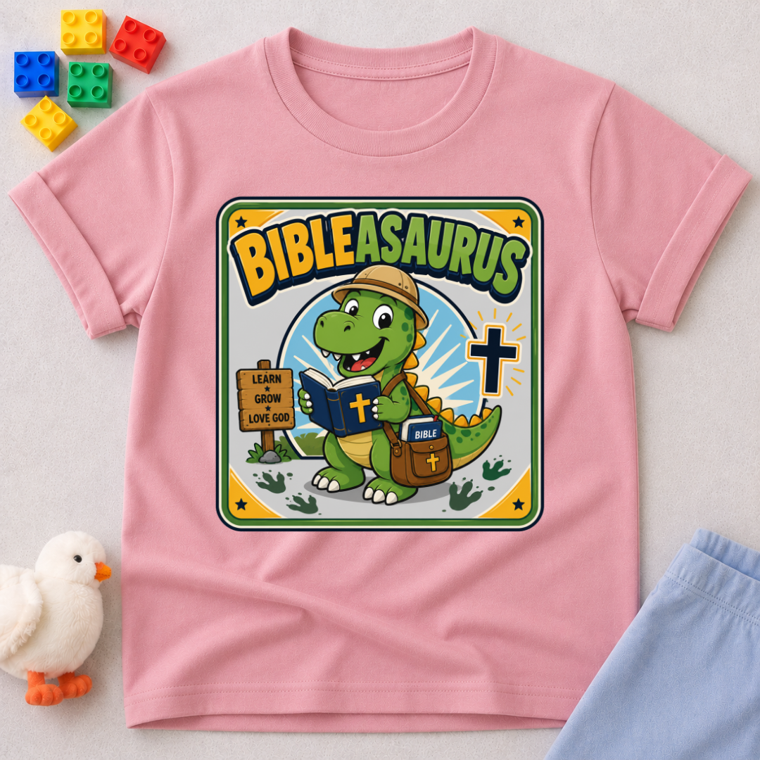Bibleasaurus Dino Explorer Christian kids shirt in pink featuring a dinosaur holding a Bible and cross
