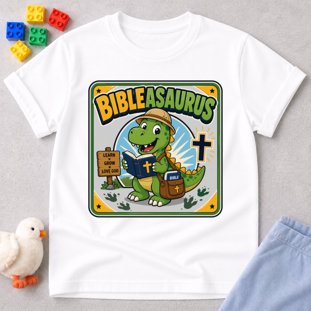 Bibleasaurus Dino Explorer Christian kids shirt in white featuring a dinosaur holding a Bible and cross
