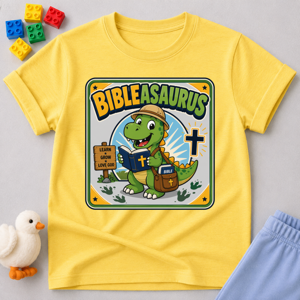 Bibleasaurus Dino Explorer Christian kids shirt in yellow featuring a dinosaur holding a Bible and cross
