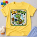 Bibleasaurus Dino Explorer Christian kids shirt in yellow featuring a dinosaur holding a Bible and cross
