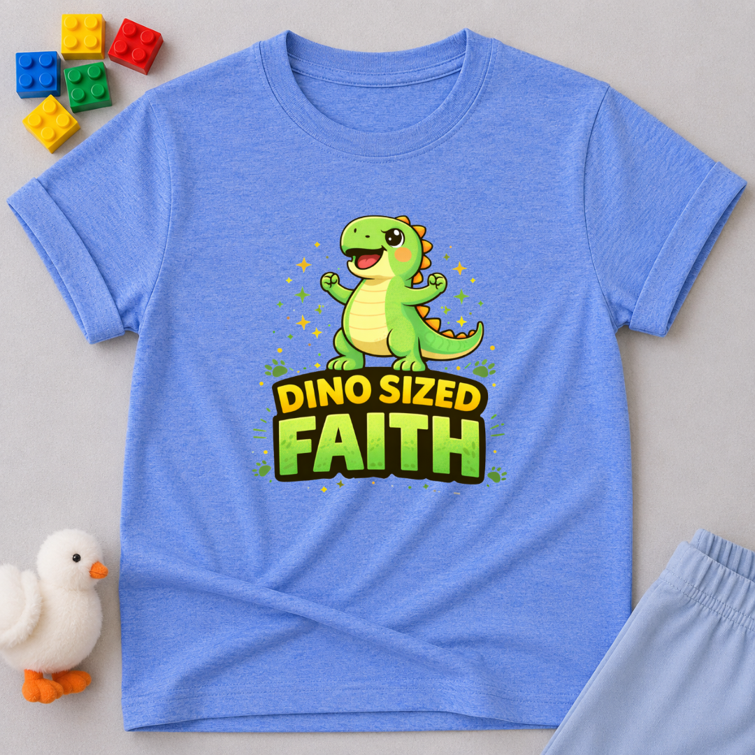 Big Faith Dino Shirt Christian kids shirt in Blue featuring a cheerful dinosaur and faith-inspired message