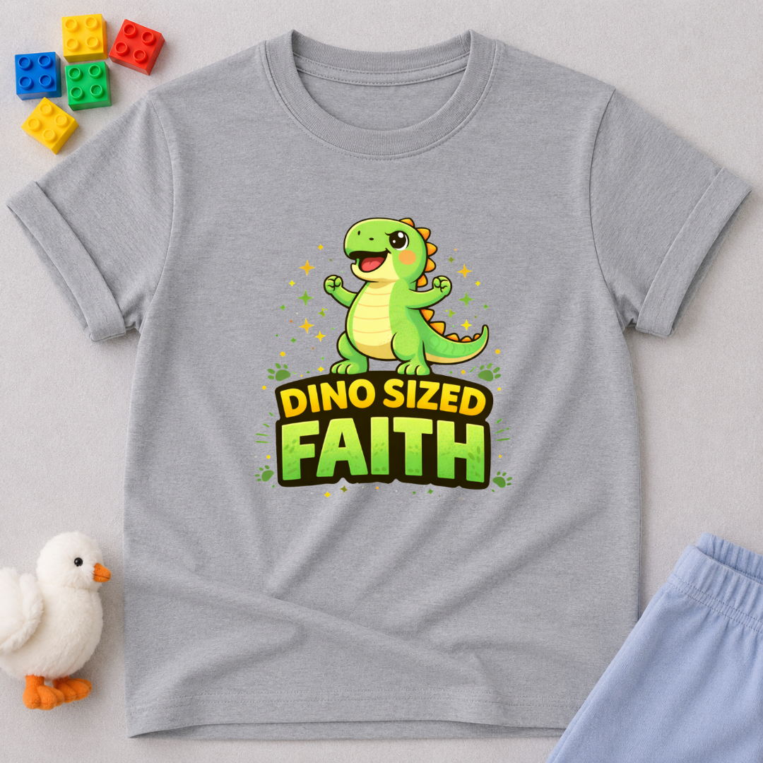 Big Faith Dino Shirt Christian kids shirt in Gray featuring a cheerful dinosaur and faith-inspired message