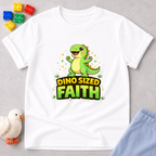 Big Faith Dino Shirt Christian kids shirt in White featuring a cheerful dinosaur and faith-inspired message