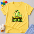 Big Faith Dino Shirt Christian kids shirt in Yellow featuring a cheerful dinosaur and faith-inspired message