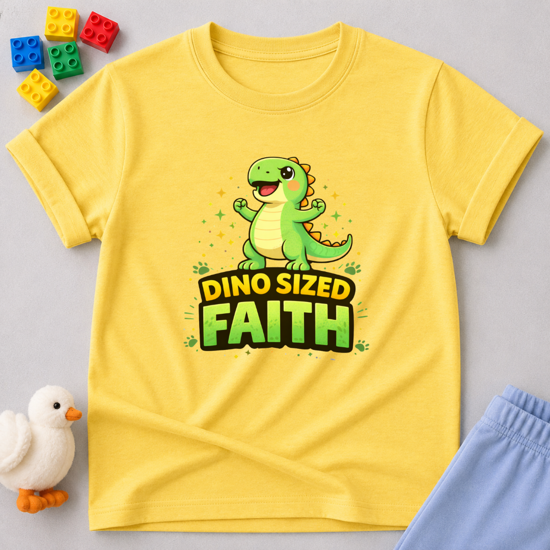 Big Faith Dino Shirt Christian kids shirt in Yellow featuring a cheerful dinosaur and faith-inspired message