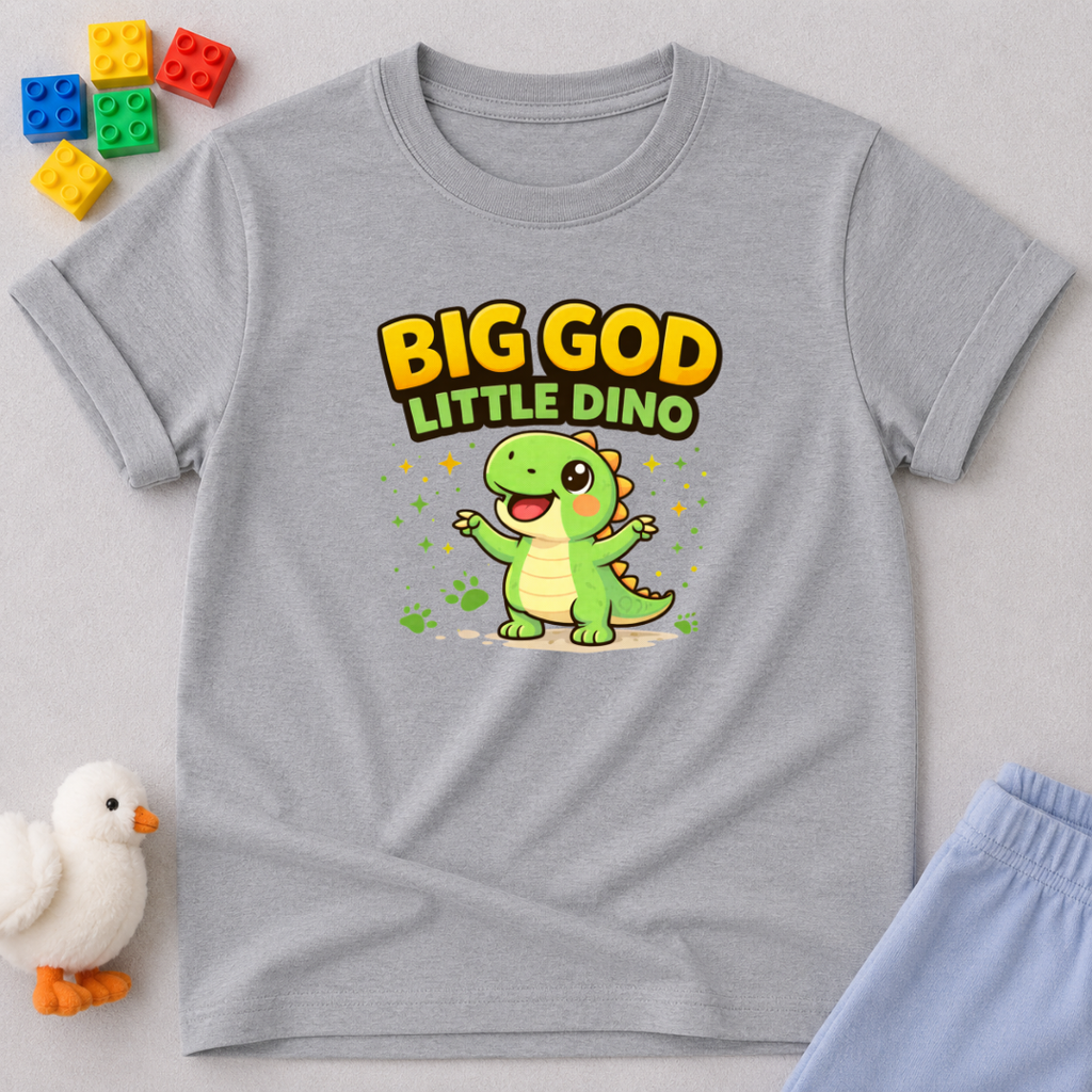 Big God Little Dino Shirt Christian kids shirt in Athletic Heather featuring a smiling dinosaur and faith-inspired message