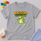Big God Little Dino Shirt Christian kids shirt in Athletic Heather featuring a smiling dinosaur and faith-inspired message