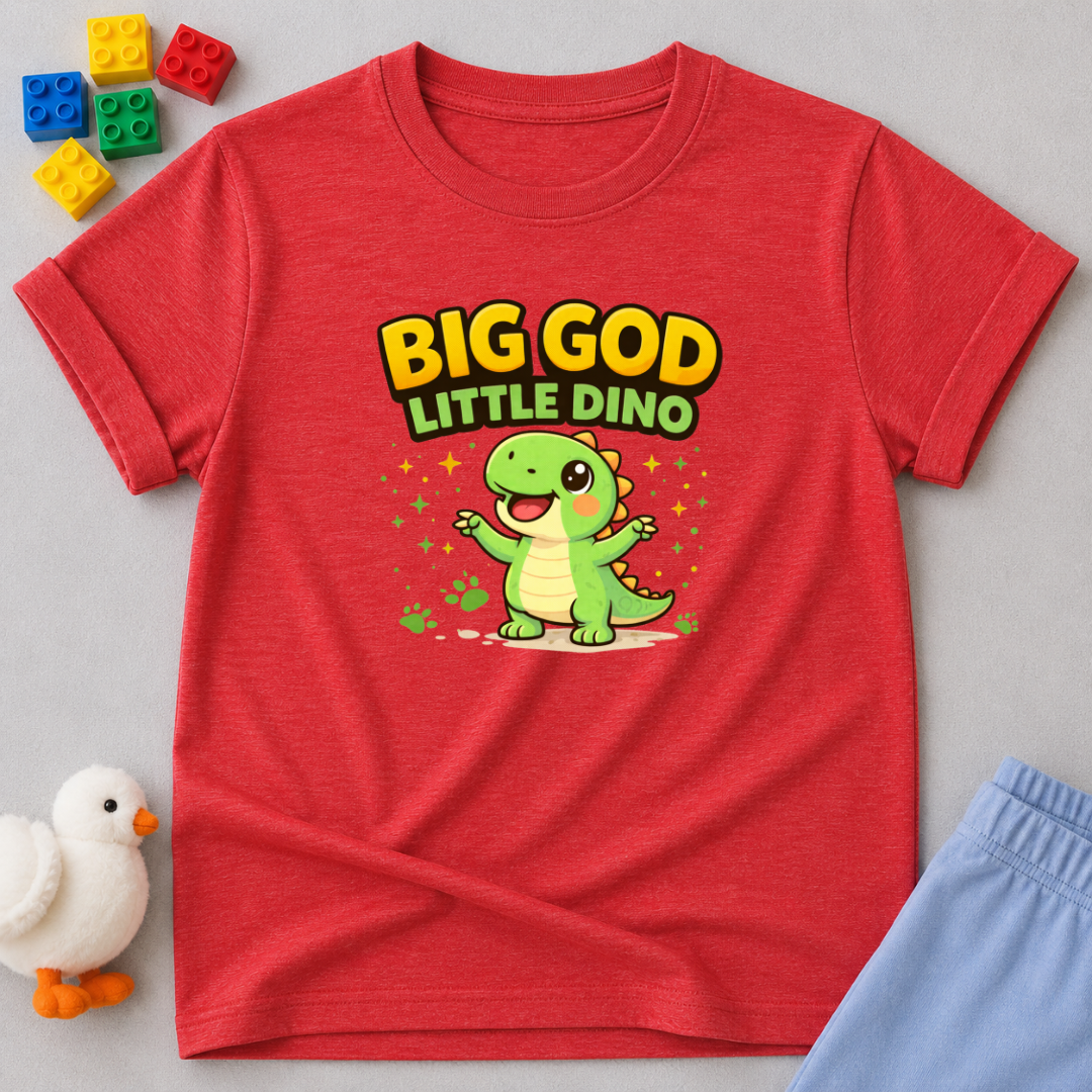 Big God Little Dino Shirt Christian kids shirt in Heather Red featuring a smiling dinosaur and faith-inspired message