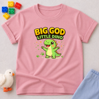 Big God Little Dino Shirt Christian kids shirt in Pink featuring a smiling dinosaur and faith-inspired message