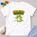 Big God Little Dino Shirt Christian kids shirt in White featuring a smiling dinosaur and faith-inspired message