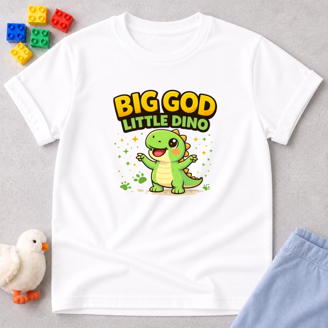 Big God Little Dino Shirt Christian kids shirt in White featuring a smiling dinosaur and faith-inspired message