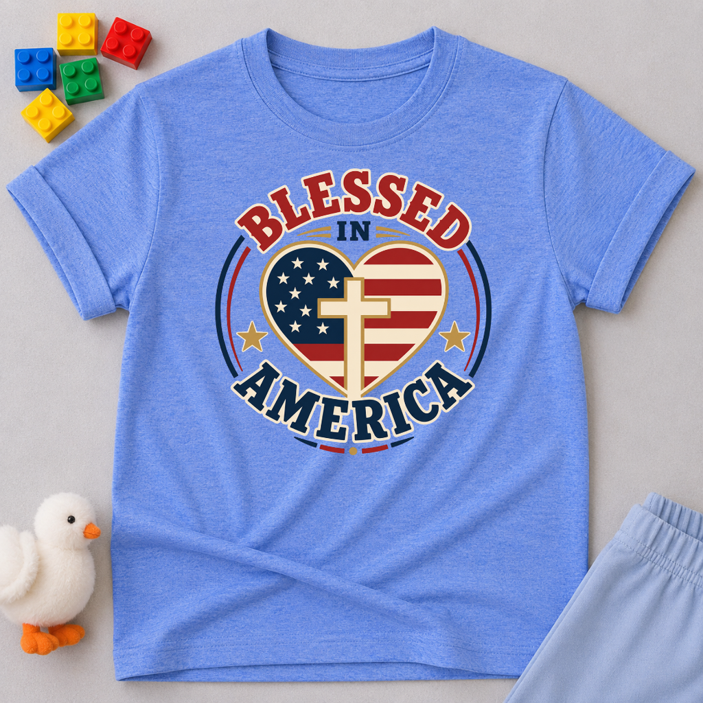 Blessed in America Heart Shirt Christian kids shirt in blue featuring a patriotic heart with a cross
