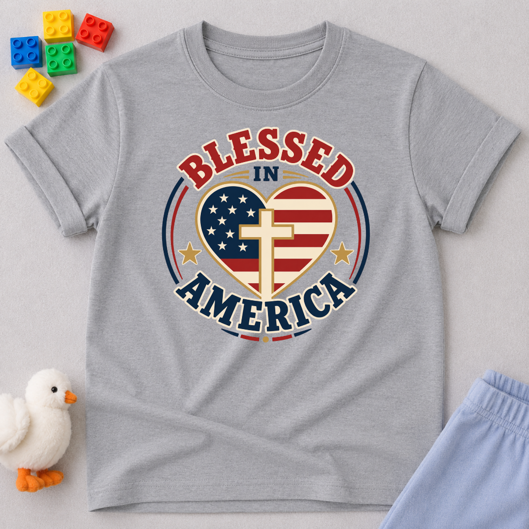 Blessed in America Heart Shirt Christian kids shirt in gray featuring a patriotic heart with a cross
