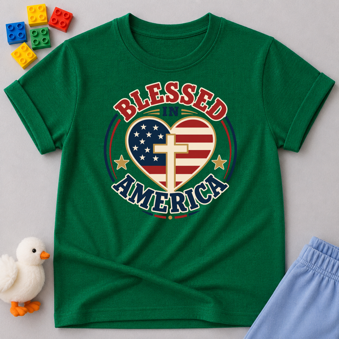 Blessed in America Heart Shirt Christian kids shirt in green featuring a patriotic heart with a cross
