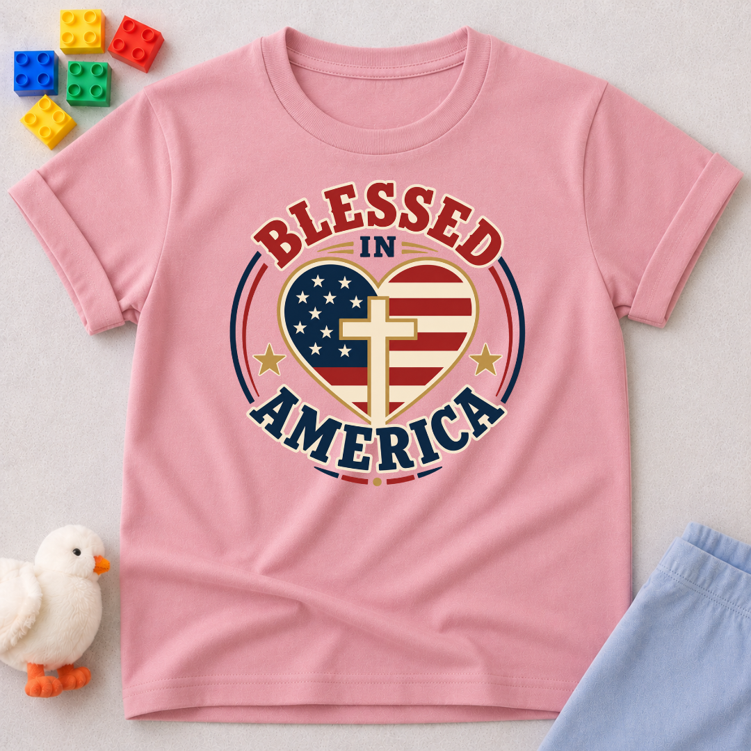 Blessed in America Heart Shirt Christian kids shirt in pink featuring a patriotic heart with a cross
