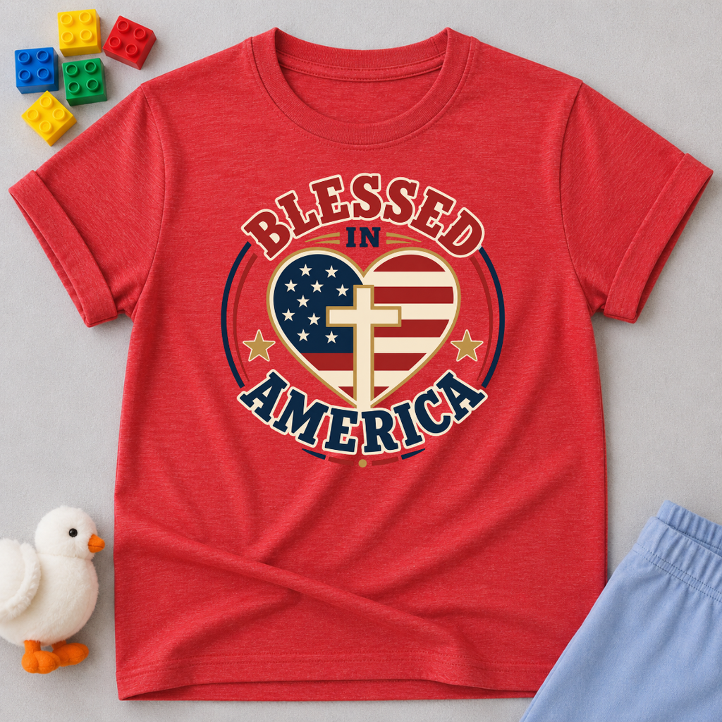 Blessed in America Heart Shirt Christian kids shirt in red featuring a patriotic heart with a cross
