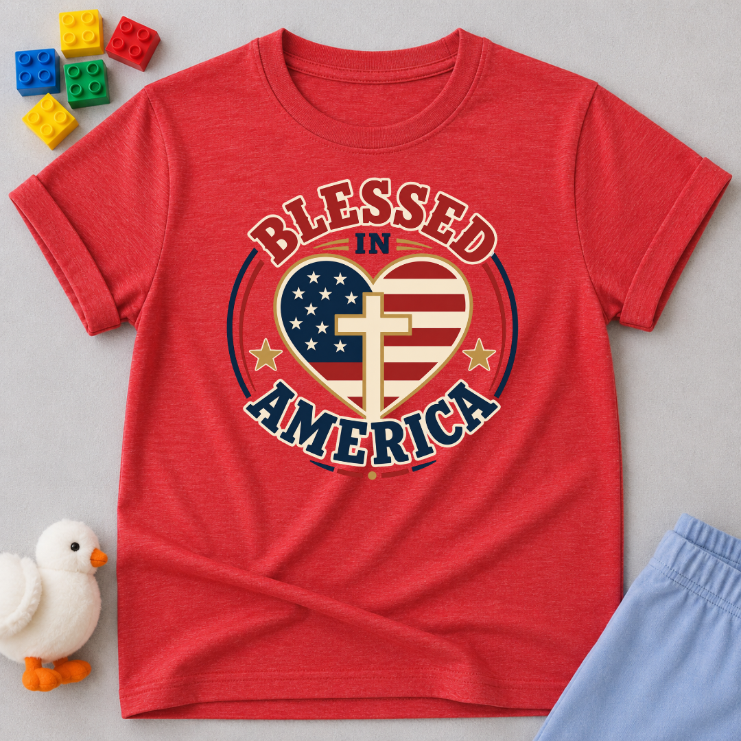 Blessed in America Heart Shirt Christian kids shirt in red featuring a patriotic heart with a cross
