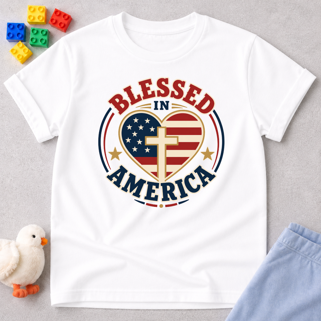 Blessed in America Heart Shirt Christian kids shirt in white featuring a patriotic heart with a cross
