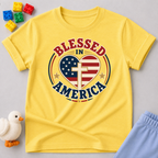 Blessed in America Heart Shirt Christian kids shirt in yellow featuring a patriotic heart with a cross
