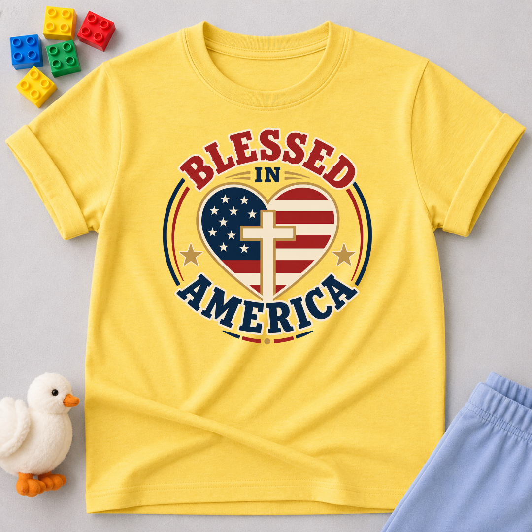 Blessed in America Heart Shirt Christian kids shirt in yellow featuring a patriotic heart with a cross
