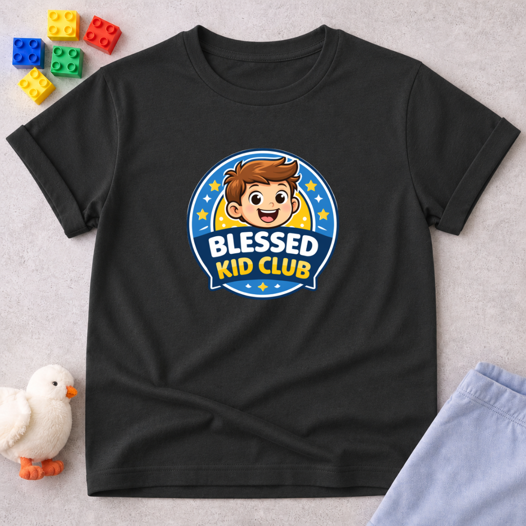 Blessed Kid Club Shirt Christian kids shirt in Black featuring a smiling child and blessing-themed club badge