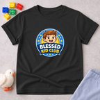 Blessed Kid Club Shirt Christian kids shirt in Black featuring a smiling child and blessing-themed club badge
