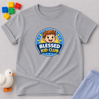 Blessed Kid Club Shirt Christian kids shirt in Gray featuring a smiling child and blessing-themed club badge