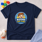 Blessed Kid Club Shirt Christian kids shirt in Navy featuring a smiling child and blessing-themed club badge