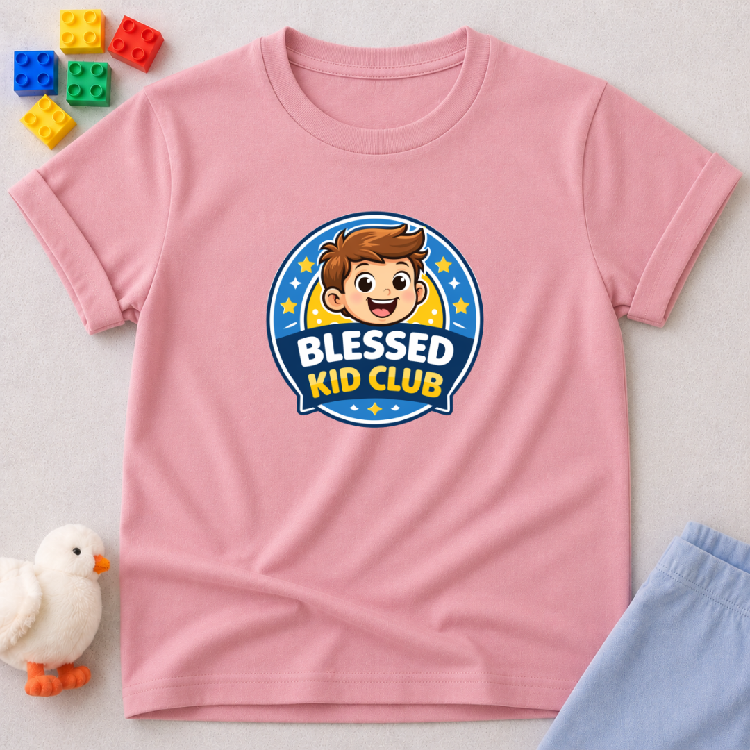 Blessed Kid Club Shirt Christian kids shirt in Pink featuring a smiling child and blessing-themed club badge