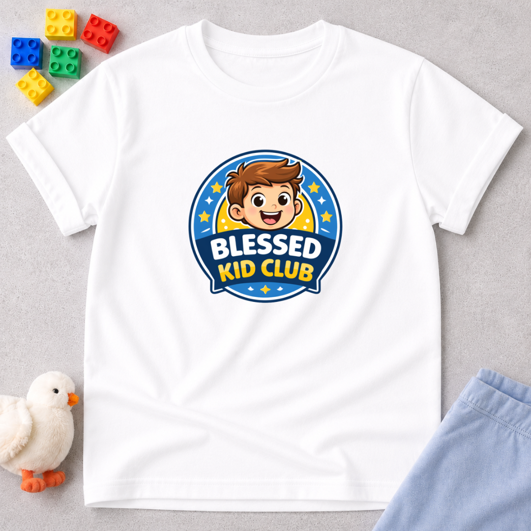 Blessed Kid Club Shirt Christian kids shirt in White featuring a smiling child and blessing-themed club badge