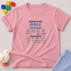Books of the Bible Shirt Christian kids shirt in Pink featuring an educational books of the Bible chart